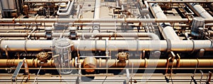A complex network of pipes and valves intertwine in a large industrial area, showcasing the intricacy of a functioning pipe system photo