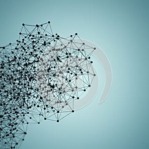 A complex network structure with black nodes and connecting lines forms a