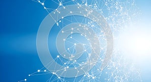 Complex network structure with interconnected nodes and lines against a blue background with bright light