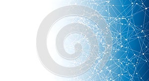 Complex network structure with interconnected nodes and lines on blue background representing data communication and technology