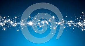 Complex network structure with interconnected nodes and lines on blue background representing data communication and technology