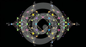 Complex network structure with interconnected nodes and multicolored lines forming a symmetrical pattern