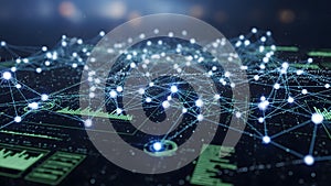 Complex network system with interconnected nodes and data visualization