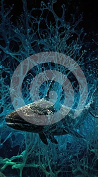 Futuristic Liquid Mercury Ocean with Neural Networks, Data Whales, and Floating Libraries