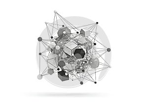 Complex network visualization with interconnected nodes and clusters in a 3d space