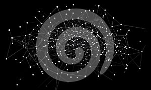 Complex network visualization with interconnected nodes and edges representing data relationships and structures