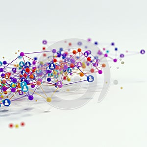 A complex network visualization with multicolored nodes and connecting lines on a