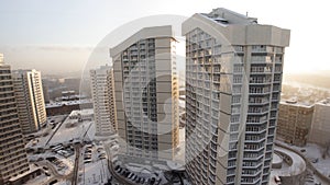 Complex of new apartment residential houses with balconies. Clip. Top view of the luxury residential complex at sunset