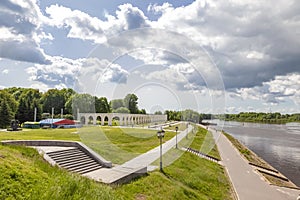 A complex of old buildings on the banks of the Volkhov River