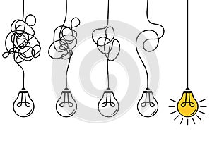 Complex problem solving process. Gradual simplify. Light bulb on tangled electric wire. Clarifying idea. Step by step