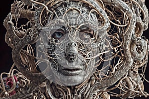 a complex sculpture of a face surrounded by various wires and gears.