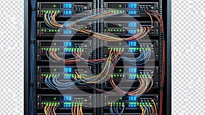 Complex server rack with multiple network cables and blinking lights