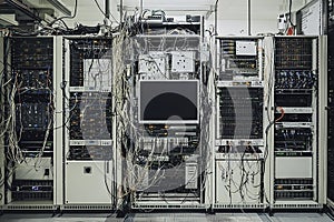 Complex Server Room Configuration with Extensive Cabling and Data Management