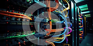 A complex set of wires and cables converge in data center where server process and transmit data around the world. Data