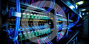 A complex set of wires and cables converge in data center where server process and transmit data around the world. Data