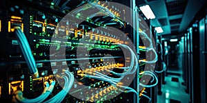 A complex set of wires and cables converge in data center where server process and transmit data around the world. Data