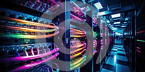 A complex set of wires and cables converge in data center where server process and transmit data around the world. Data