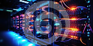 A complex set of wires and cables converge in data center where server process and transmit data around the world. Data