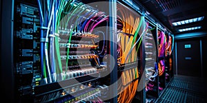 A complex set of wires and cables converge in data center where server process and transmit data around the world. Data