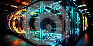 A complex set of wires and cables converge in data center where server process and transmit data around the world. Data