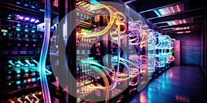 A complex set of wires and cables converge in data center where server process and transmit data around the world. Data