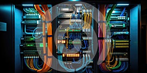 A complex set of wires and cables converge in data center where server process and transmit data around the world. Data