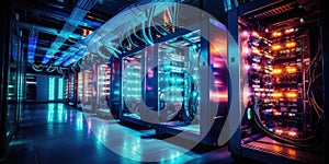 A complex set of wires and cables converge in data center where server process and transmit data around the world. Data