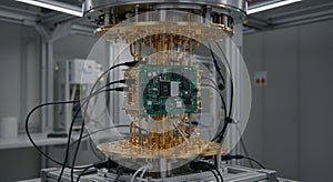 Complex setup in a laboratory featuring a quantum computer dilution refrigerator. The