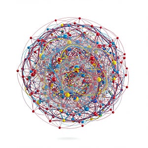 A complex spherical structure composed of interconnected colorful spheres and