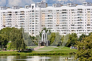 The complex stands on an island on the river Svisloch. The center of Old Minsk, near Troitsk suburb. On the walls are written the