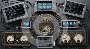 Complex steampunk control panel with multiple analog gauges and digital displays