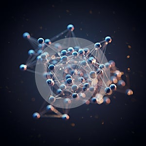 A complex structure of interconnected nodes and lines, resembling a molecular or