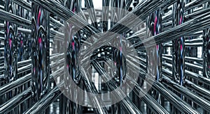 Complex structure of shiny chrome rods forms an abstract pattern