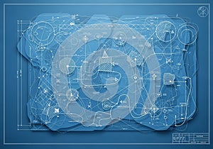 Complex technical blueprint featuring a network of interconnected geometric shapes and lines on a