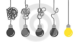 From complex to simple. Simplification streamlining process, complex confusion, clarity idea solution with light bulbs photo