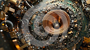 Complex toroidal inductor with copper wire core surrounded by various electrical components