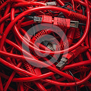 Complex Web of Tangled Red Network Cables