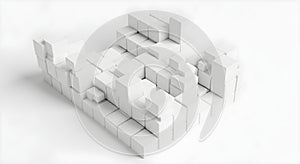 Complex white cube structure on white background with shadows and reflections