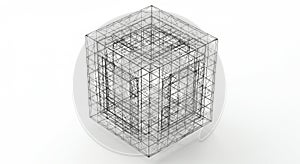 Complex wireframe structure forming a three-dimensional cube, composed of