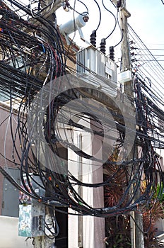 The complexity of the cable wire on street of Samui, Thailand