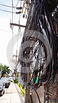 The complexity of the cable wire on street of Samui, Thailand