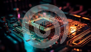 Complexity of computer parts circuit board, CPU, and capacitor generated by AI