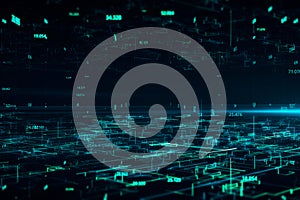 Complexity and data flow, futuristic technology data concept with digital glowing binary code matrix background.