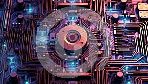 Complexity of modern computer equipment inside a digitally generated image generated by AI