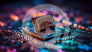 Complexity of semiconductor circuit board reveals futuristic computer technology industry generated by AI