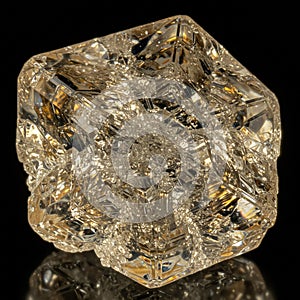 A complexly structured, multifaceted transparent crystal resembling a rough diamond