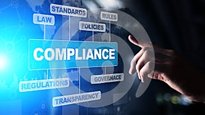 Compliance concept with icons and text. Regulations, law, standards, requirements, audit diagram on virtual screen. photo