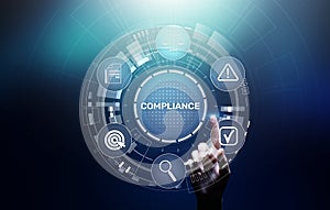 Compliance concept with icons and text. Regulations, law, standards, requirements, audit diagram on virtual screen.