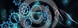 Compliance concept with icons and text. Regulations, law, standards, requirements, audit diagram on virtual screen