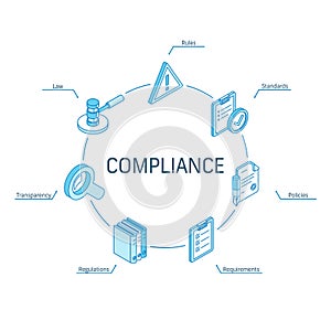 Compliance isometric concept. Connected line 3d icons. Integrated circle infographic design system. Rules, Standards